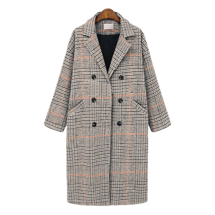 Autumn Winter Long Coat Women Casual Plus Size Plaid Double breasted Wool Blazers Jacket Female Elegant Overisze Outwear 201222
