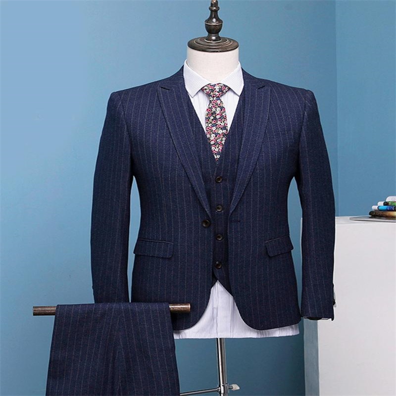 Handsome Pinstripe Men Suits Three Piece (Coat+Vest+Pant) Wedding Tuxedos Retro Peak Lapel Double-Breasted Formal Tailored Suit For Best Man
