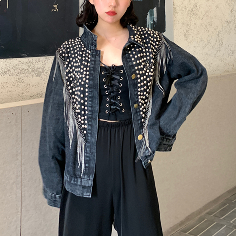 PERHAPS U Women's Denim Blue Black Gray Jacket Button Long Sleeves Jean Turn Down Collar Pocket Rivet Tassel C0505 201112