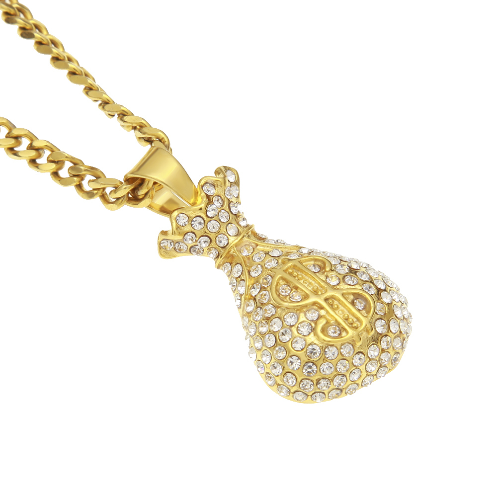 UWIN Stainless Steel Dollar Sign Purse Gold Coins Money Bag Pendant With Rhinestone Charms Iced Out Necklace Hip Hop 201014