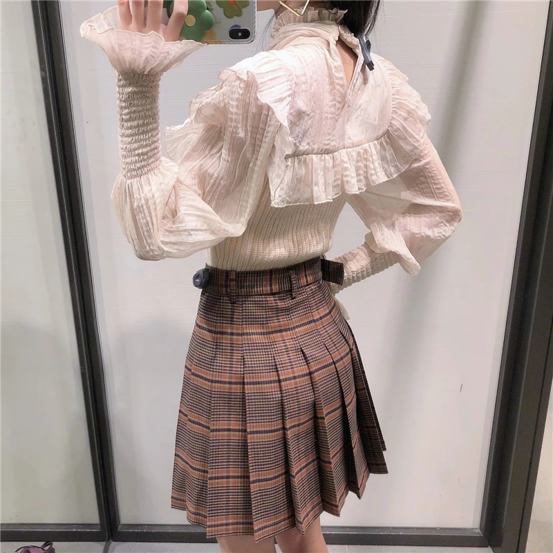 Za Top Women Contrast Organza Patchwork Cropped Knitted Sweater Woman Fashion High Neck Bow Tied Long Sleeve Ruffle Blouse 201221