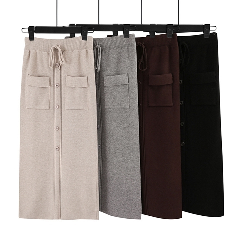 GIGOGOU Women Elastic Waist Drawstring Skirts Knitted Medium Long Skirts Autumn Winter Midi Tutu Skirt With Pocket & Button T200106