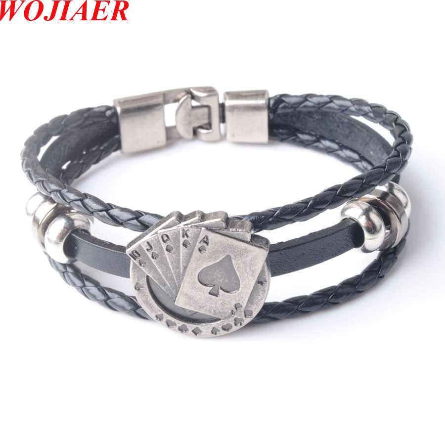 WOJIAER Men's Dichroic Leather Bracelets Vintage Lucky Poker Card Charm Multilayer Woven Bracelet Male Cuff Jewelry Gift BC005