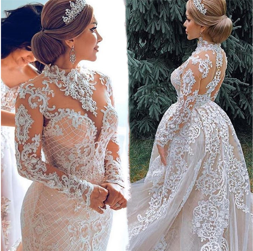 Dubai Dresses With Detachable Train Elegant High Neck Lace Appliques Mermaid Wedding Gowns Long Sleeves Bride Dress Trouwjurk