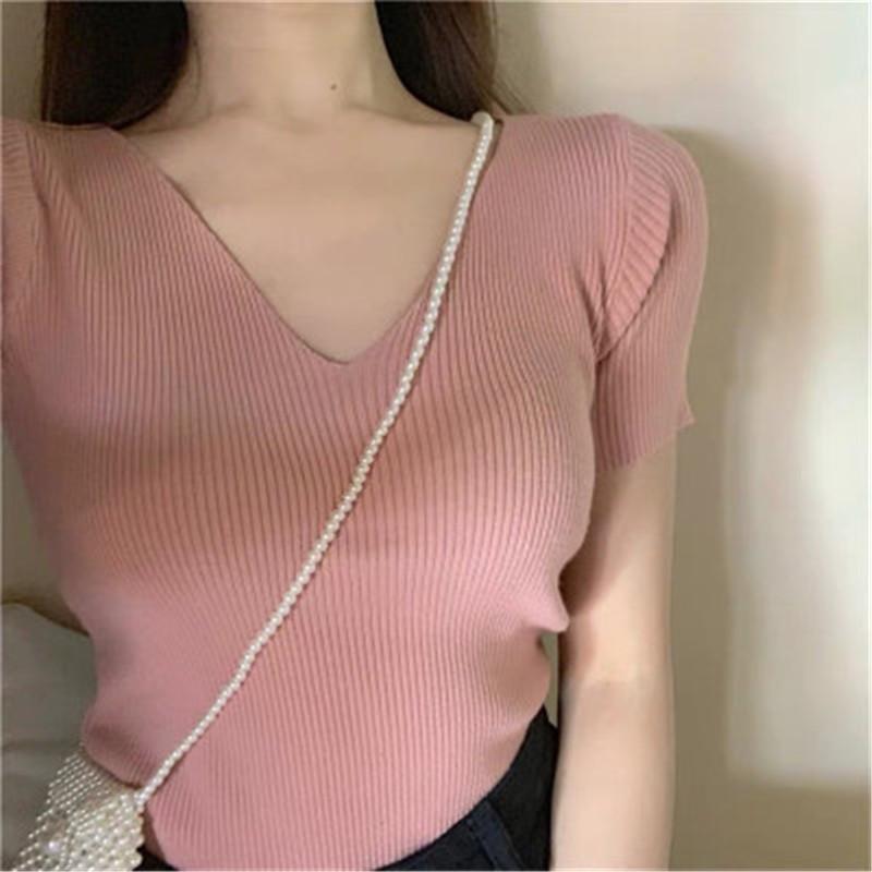 Women's T-Shirt 2022 Casual Summer V-neck Knit Crop Women Short Sleeve Sexy Slim Top Jacket Girl Female Basic T Shirt PZ2204, White
Women's T-Shirt 2022 Casual Summer V-neck Knit Crop Women Short Sleeve Sexy Slim Top Jacket Girl Female Basic T Shirt PZ2204, White
