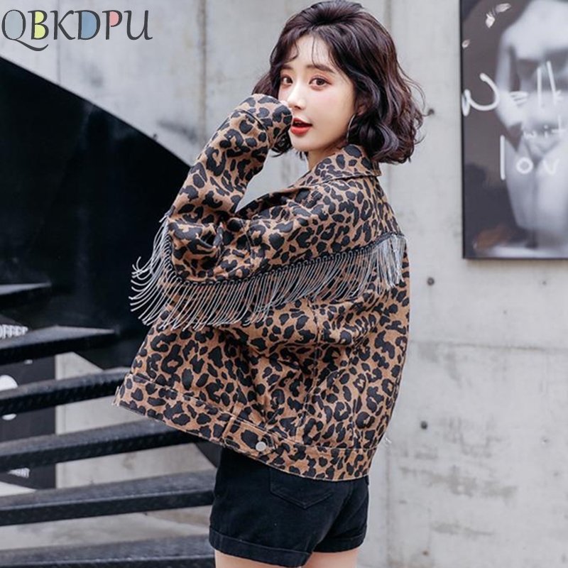Vintage Leopard Print Jean Jacket Women tassel bat Long Sleeve Bomber Jackets Casual Spring Autumn Loose Short Denim Coat 201017