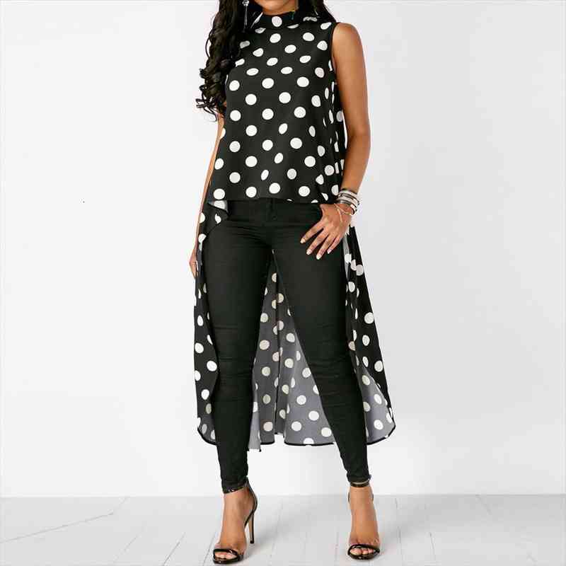 Women Blouses Casual Sleeveless Polka Dot Black High Low Chiffon Long Blouse Tops O-neck Fashion Blusas Blouses, White
Women Blouses Casual Sleeveless Polka Dot Black High Low Chiffon Long Blouse Tops O-neck Fashion Blusas Blouses, White