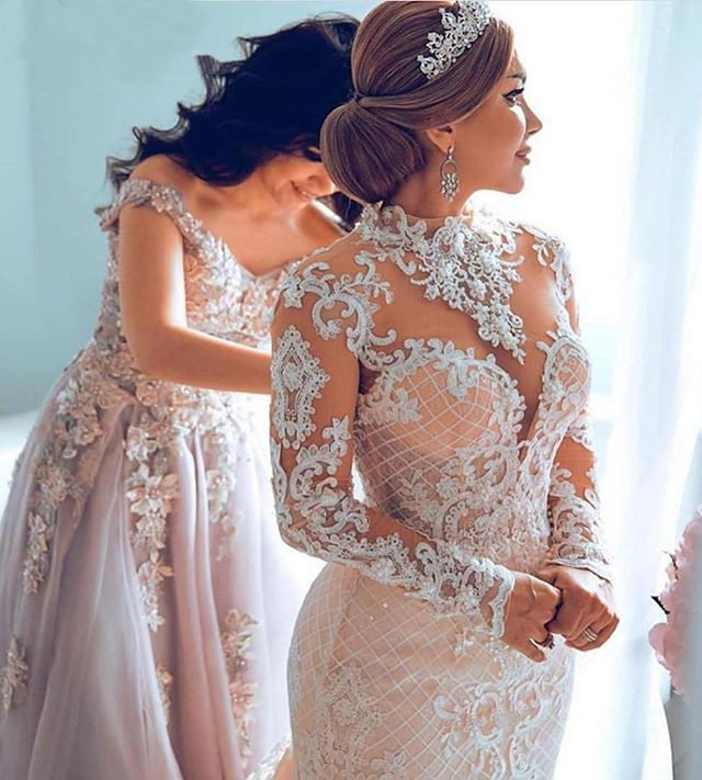 Dubai Dresses With Detachable Train Elegant High Neck Lace Appliques Mermaid Wedding Gowns Long Sleeves Bride Dress Trouwjurk