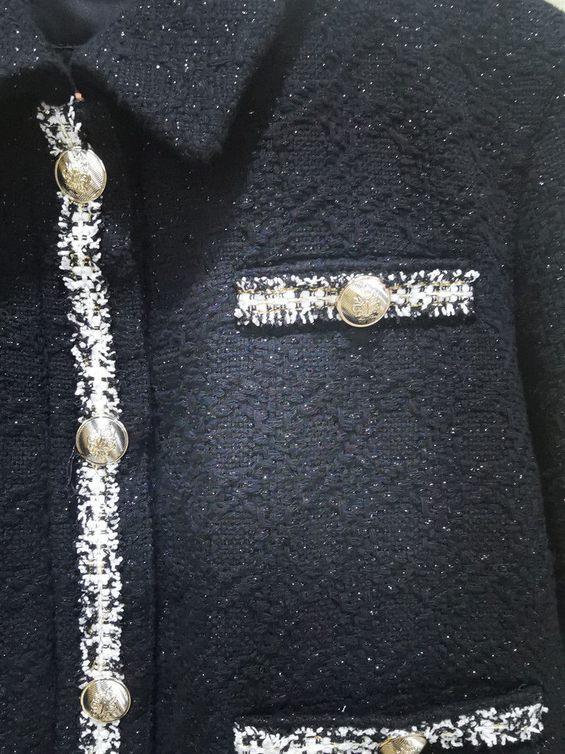 Autumn and WinterTweed Short Coat Women Casual Turndown Collar Long Sleeve Metal Buckle Jacket 201029