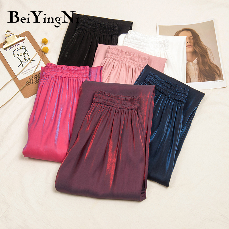 Beiyingni Silk Satin Trousers Women Bling Fashion Summer Plus Size Wide Leg Pants Ladies Loose Elastic High Waist Long Pant 201228