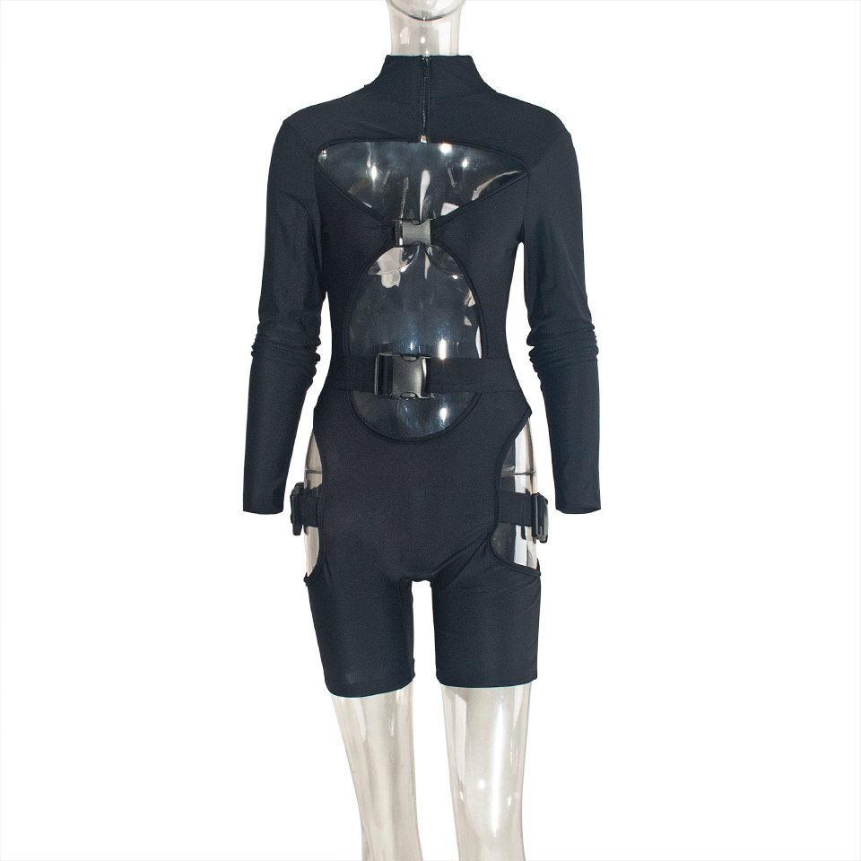 Women Bodycon Buckle Cut Out Biker Romper Sexy Long Sleeves Hollowing Out Clubwear Bodysuit Short Jumpsuit Pants T200704