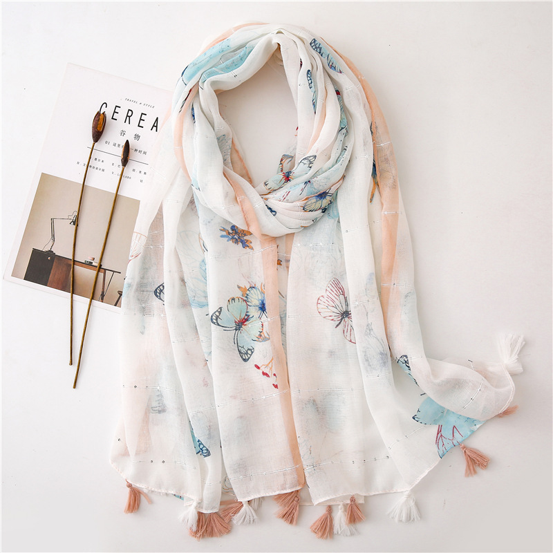 spring summer and autumn new butterfly sequins printed cotton and linen air conditioning sunscreen shawl scarf dualuse