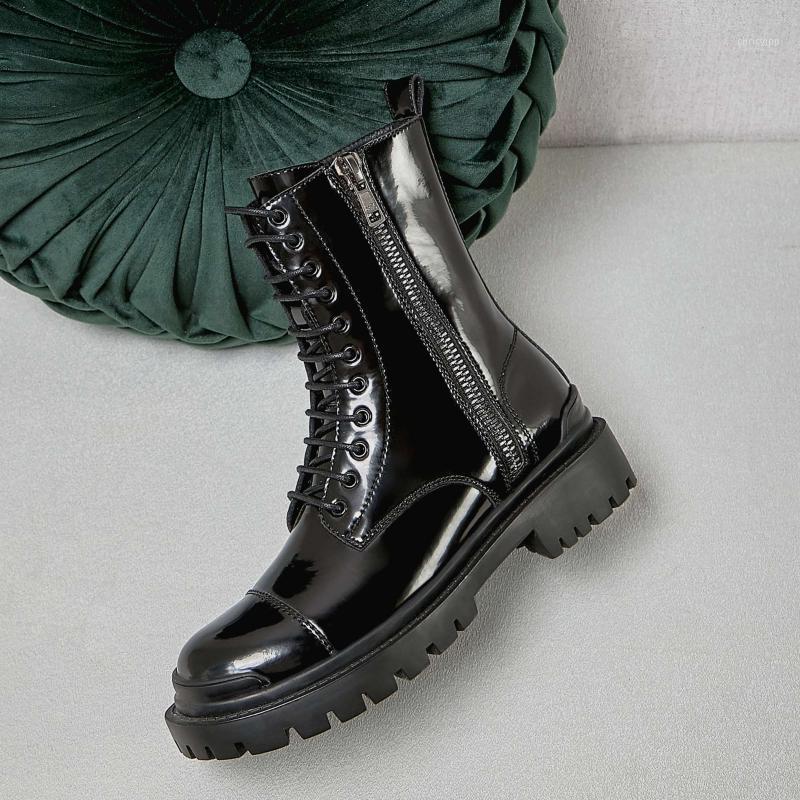 2021 New winter shoes women's motorcycle boots patent leather platform round toe lace up mid-calf boots bottes femme1, Black
2021 New winter shoes women's motorcycle boots patent leather platform round toe lace up mid-calf boots bottes femme1, Black