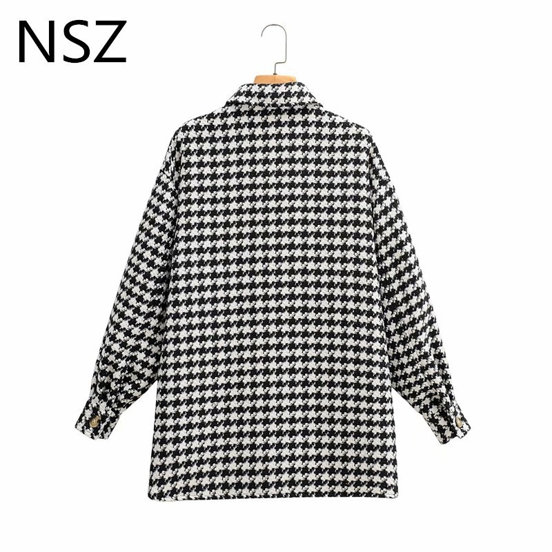 NSZ women black and white houndstooth oversized tweed jacket woolen blend plaid shirt coat checked overshirt outerwear fall 201023