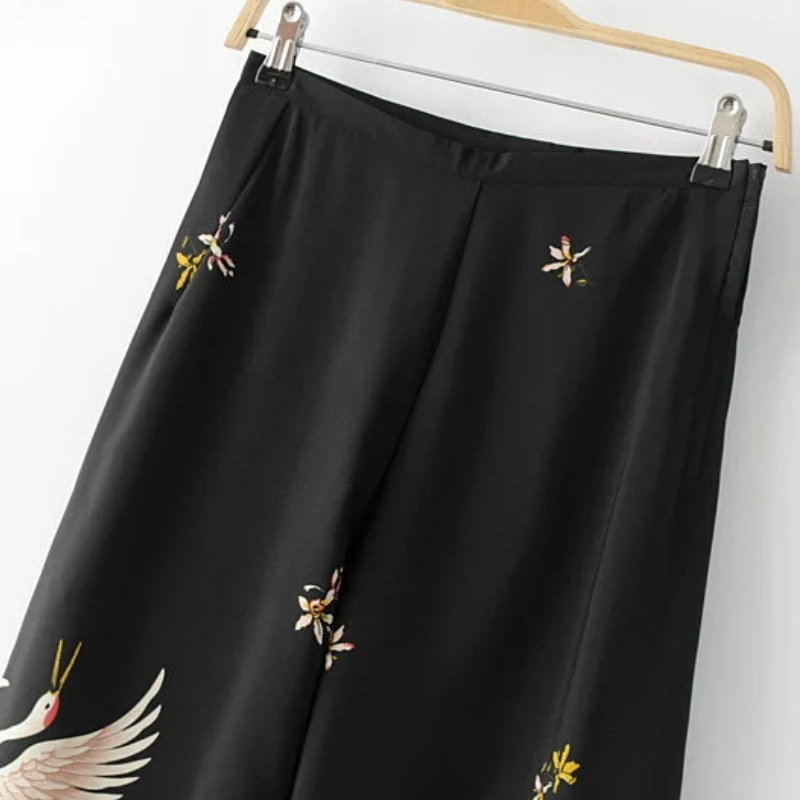 Vintage Women Red Crowned Crane Printing Wide Leg Pant Loose Comfortable Trousers P152 201113