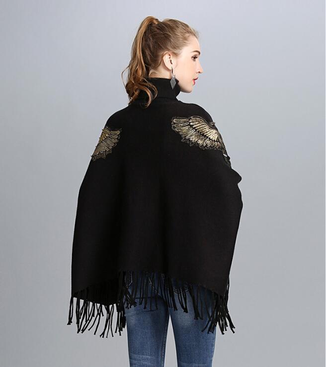 Christmas Women New Embroidery Gold Beading Eagle Cloak Poncho Turtleneck Bat Sleeve Pullover Sweater Tassel Knit Shawl Cape T200128