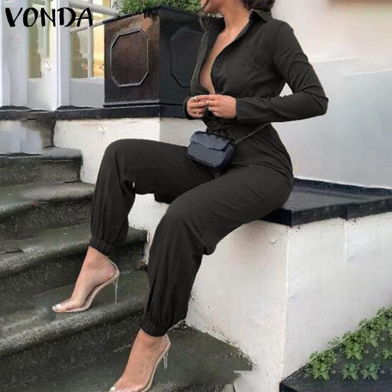 Women's Jumpsuits & Rompers VONDA Party Womens Sexy Overalls 2021 Autumn Casual Pants Vintage Deep V Neck Long Sleeve Playsuits Plus Size