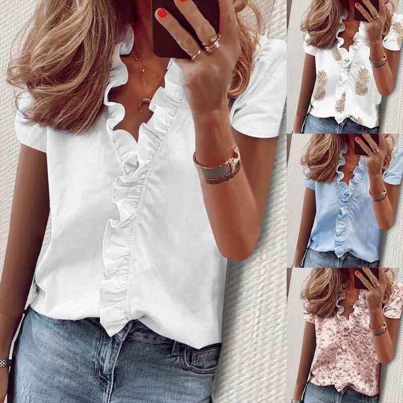 summer breathable women lady shirt short sleeve v neck ruffled hem blouse solid color comfort soft clothing, White
summer breathable women lady shirt short sleeve v neck ruffled hem blouse solid color comfort soft clothing, White