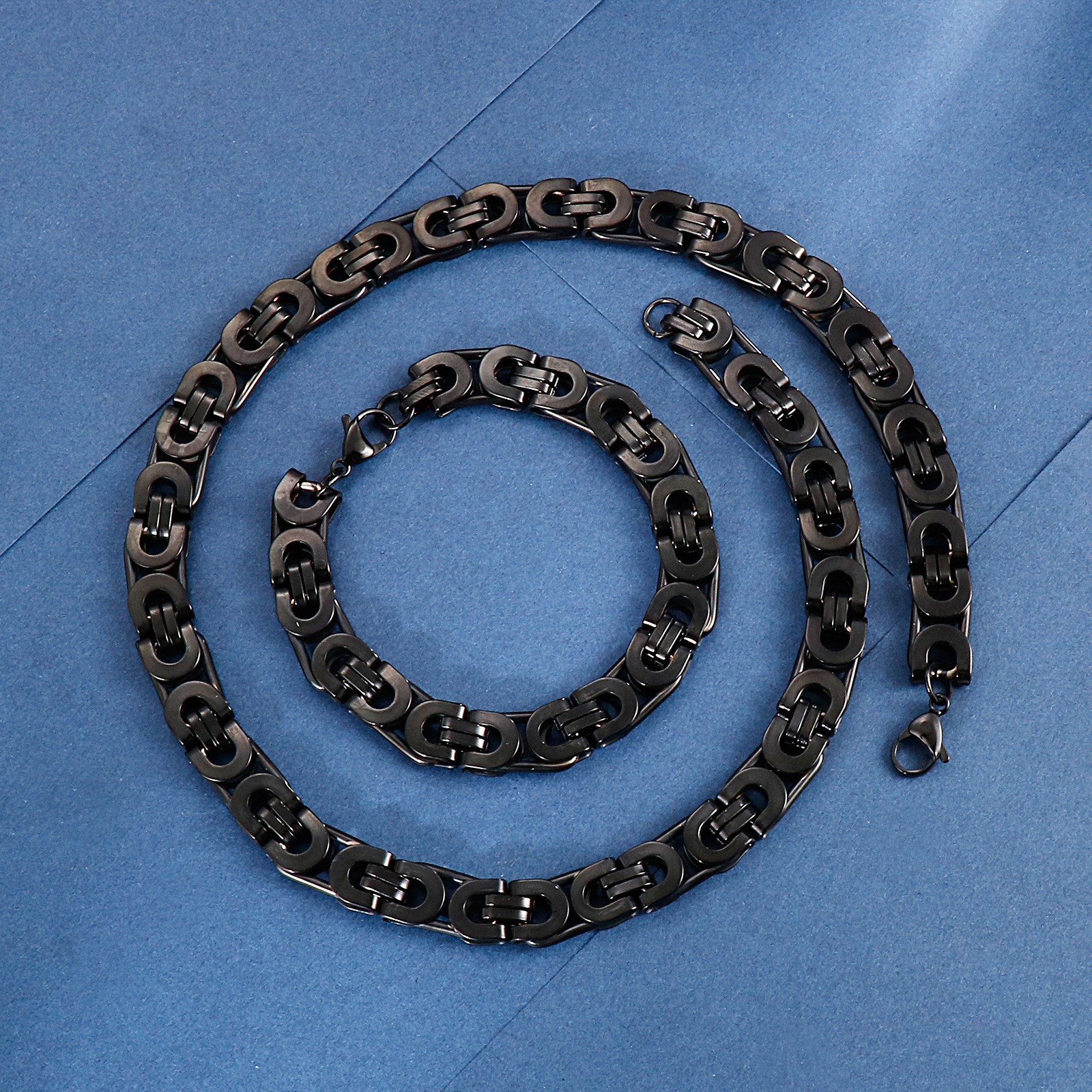 6mm wide 8''+ 20''Thin Silver/ Gold/ Black/ Silver+Black King Chain Stainless Steel Flat Byzantine Chain Necklace Bracelet Mens Wo