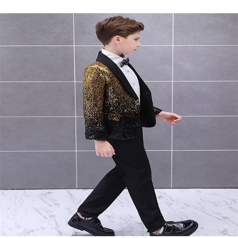 two pieces children suits boys bling gold sequins stage models handsome british fashion style catwalk costumes boy coatpant