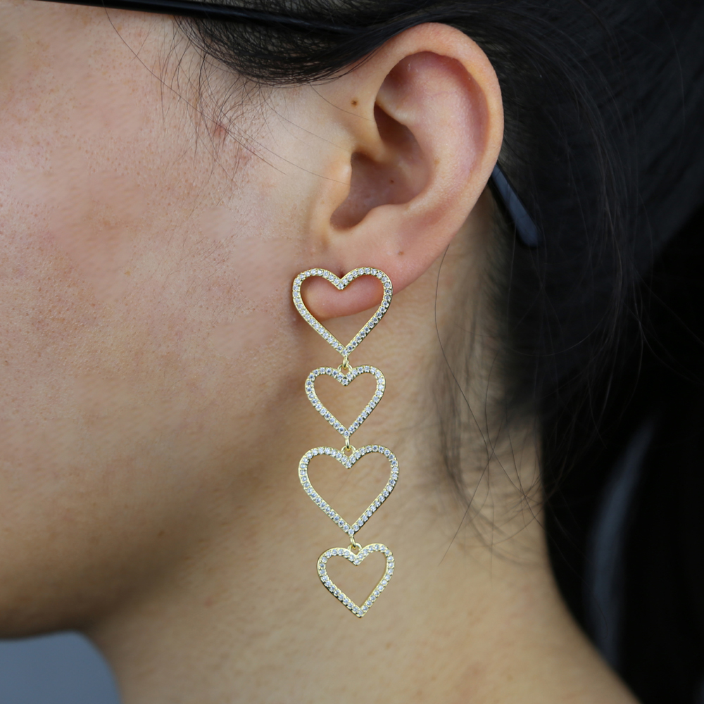 Blue Pink White 3 Colors Cubic Zirconia Hollow Heart Charm 4PCS Gold Colorful Heart Dangle Dangling Long Earring