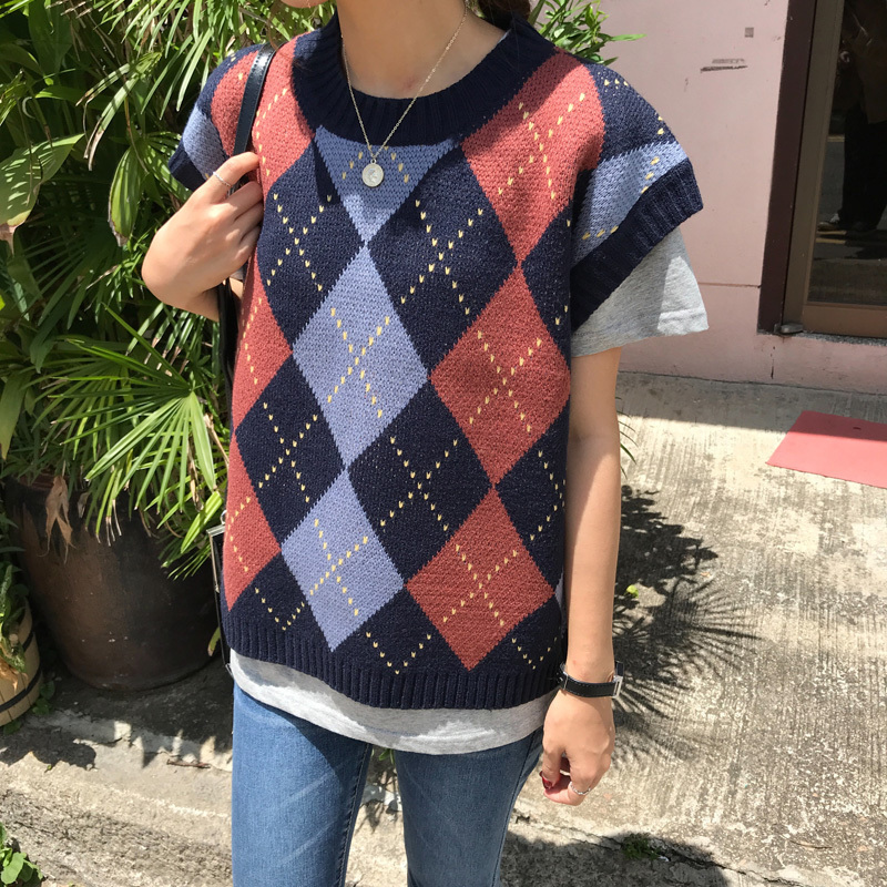 autumn and winter korean style knitted vintage plaid sleeveless vest sweaters womens pullovers womens (C9052) 201030wtt