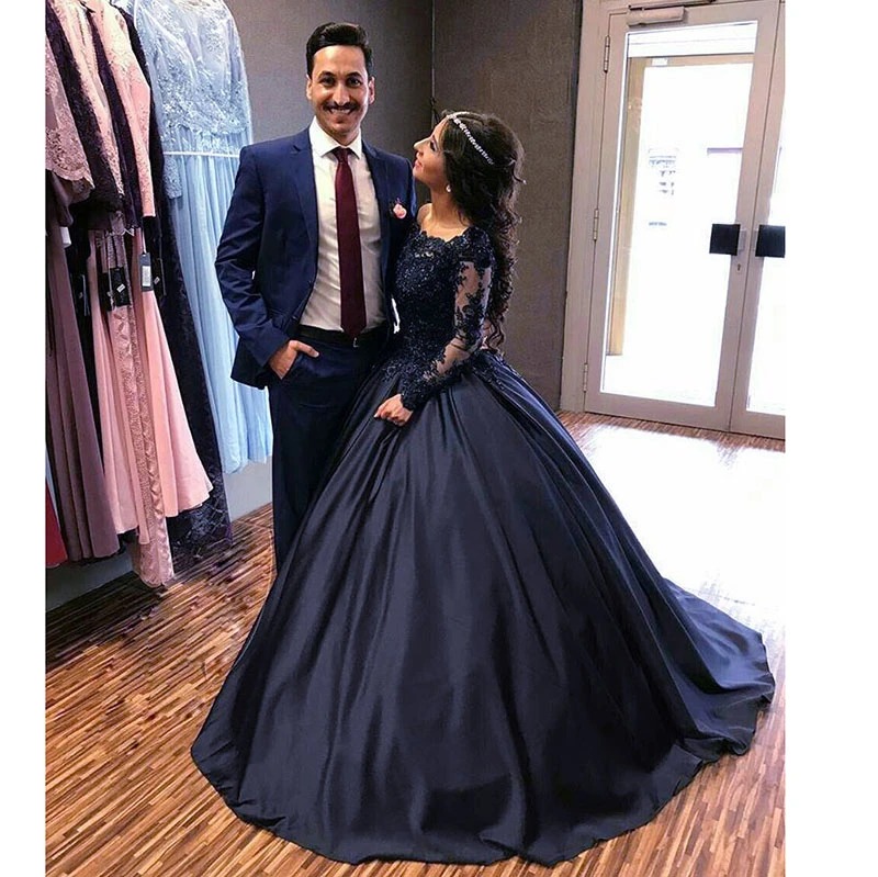 Real Image Navy Evening Dresses Beads Appliqued Lace Ball Gown Prom Dresses Long Sleeves Custom Made Sweep Train Formal Party Pageant Gown