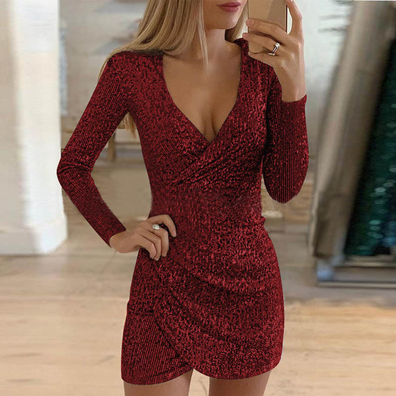 Fashion Long Sleeve Dress Women Plus Size Casual mini Dress Bodycon Slim Sequin Sexy Club Elegant Autumn Dress Women Vestidos 201126