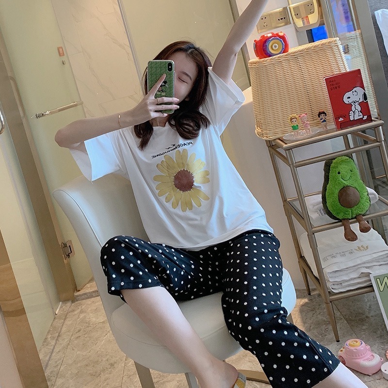 2020 Summer Short Sleeve Knee Length Pajama Sets for Women Cute Cartoon Sleepwear Suit Pyjama Homewear Pijama Mujer Home Clothes T200429