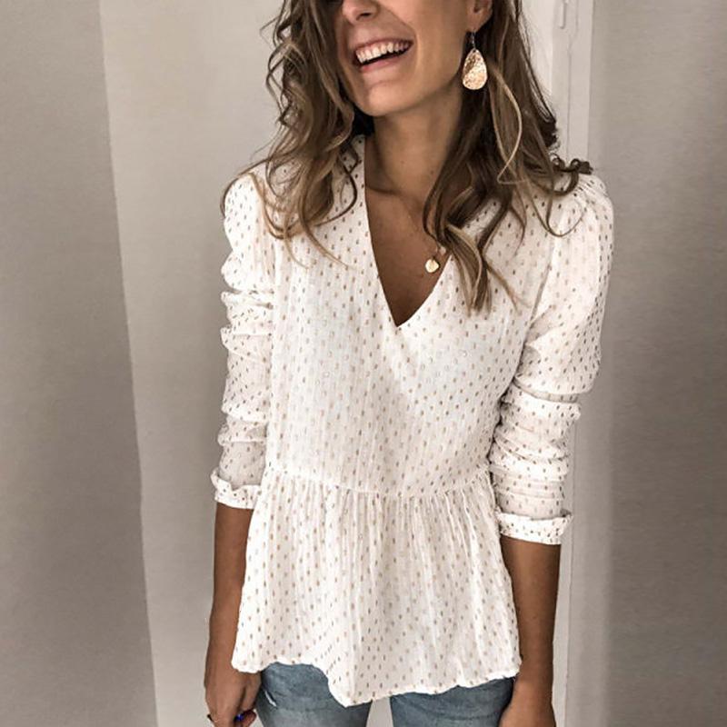 Elegant V-neck Ruffle Cropped Blouse Women White Polka Dot Buttons Chiffon Shirt Ladies Boho Lantern Sleeve Tops 2021 Clothes