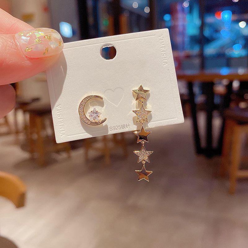 Trendy Cubic Zirconia Star Moon Earrings Long Chain Stud Earrings For Women Jewelry Gift