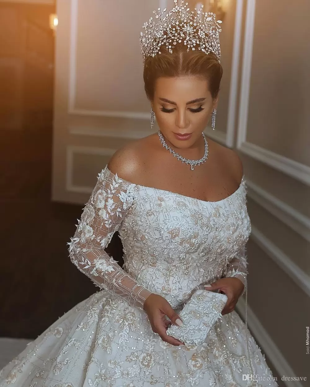 Plus Size Dresses Off Shoulder Lace Beads Sleeve Long Sleeves Arabic Vestido De Novia Wedding Gowns Bridal Dress Cph070