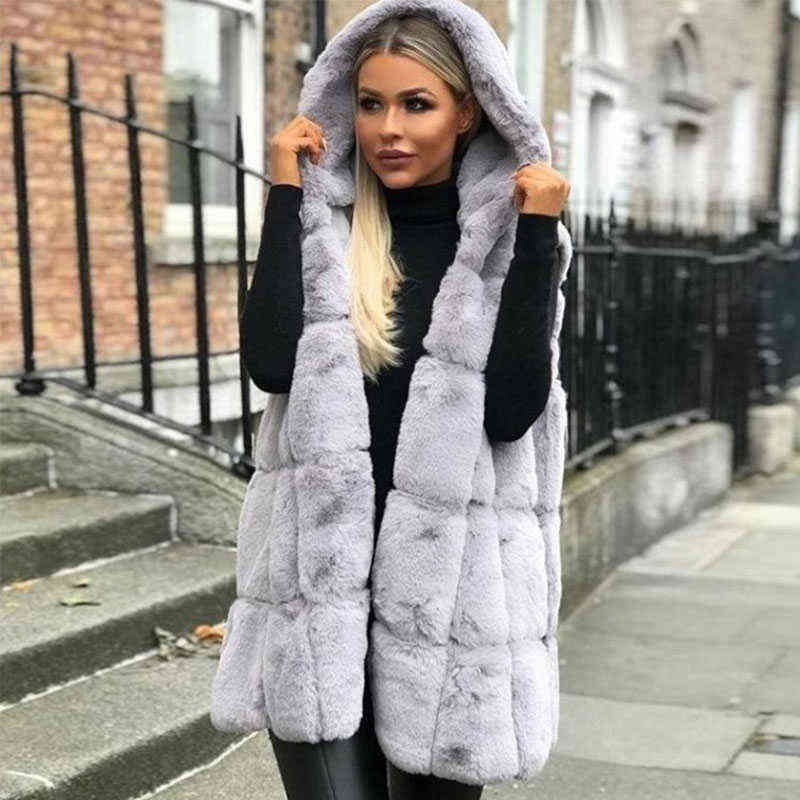 Winter Style Loose Casual Women's Warm Vest Solid Color Sleeveless Hooded Fur Cardigan Jackets Fashion 211220