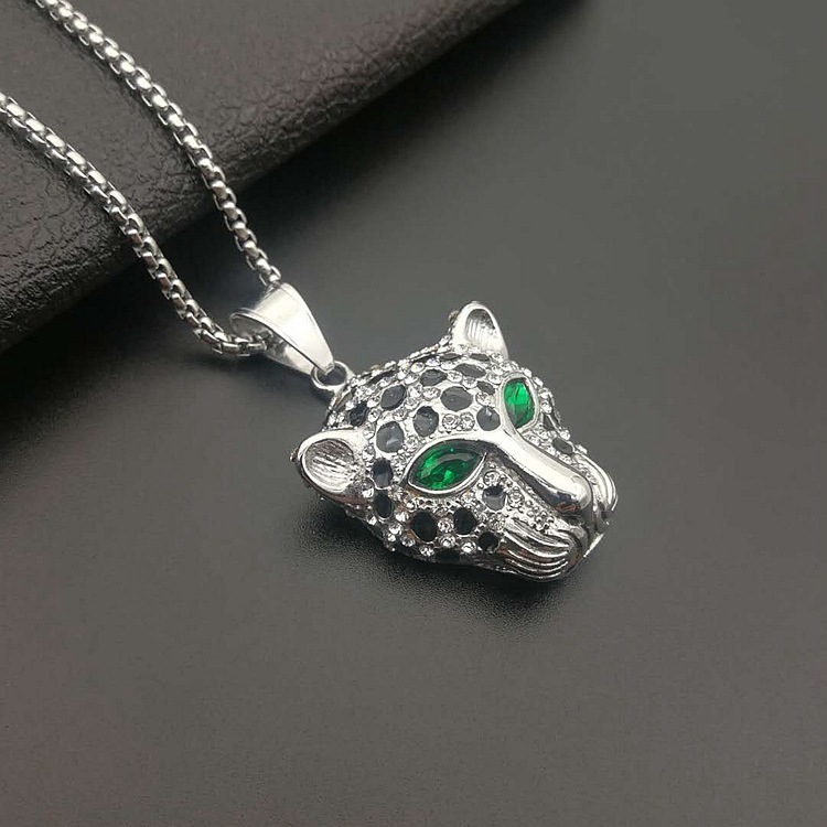 Tide hip hop hiphop jewelry titanium steel gold plated diamond with red and green eyes leopard head pendant necklace GD1238