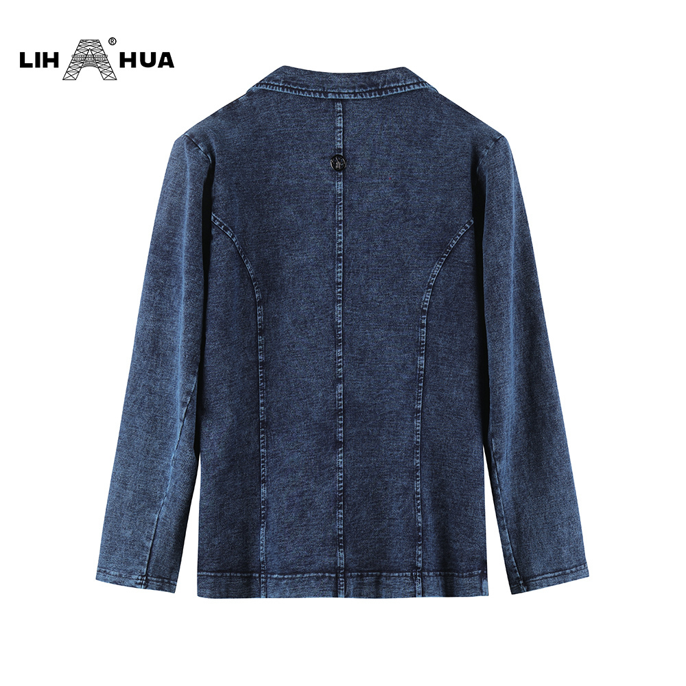 LIH HUA Women's Plus Size Casual Fashion Busine Denim Suit Premium Stretch Knitted Slim Fit Jacket 201114