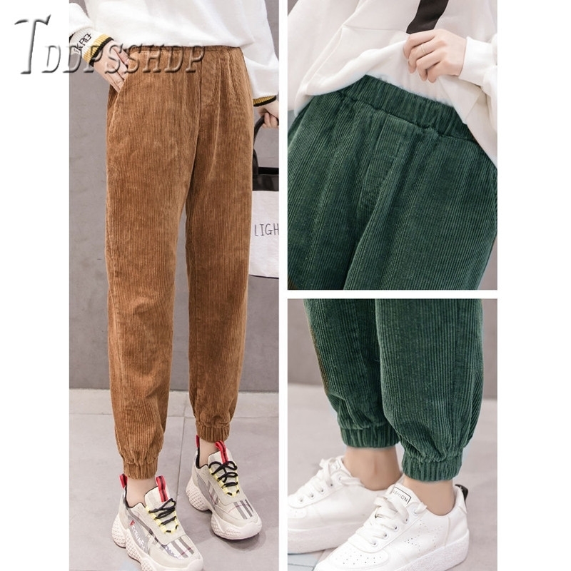 High Waist Loose Female Trousers Streetwear Corduroy Korean Women Pants 201111