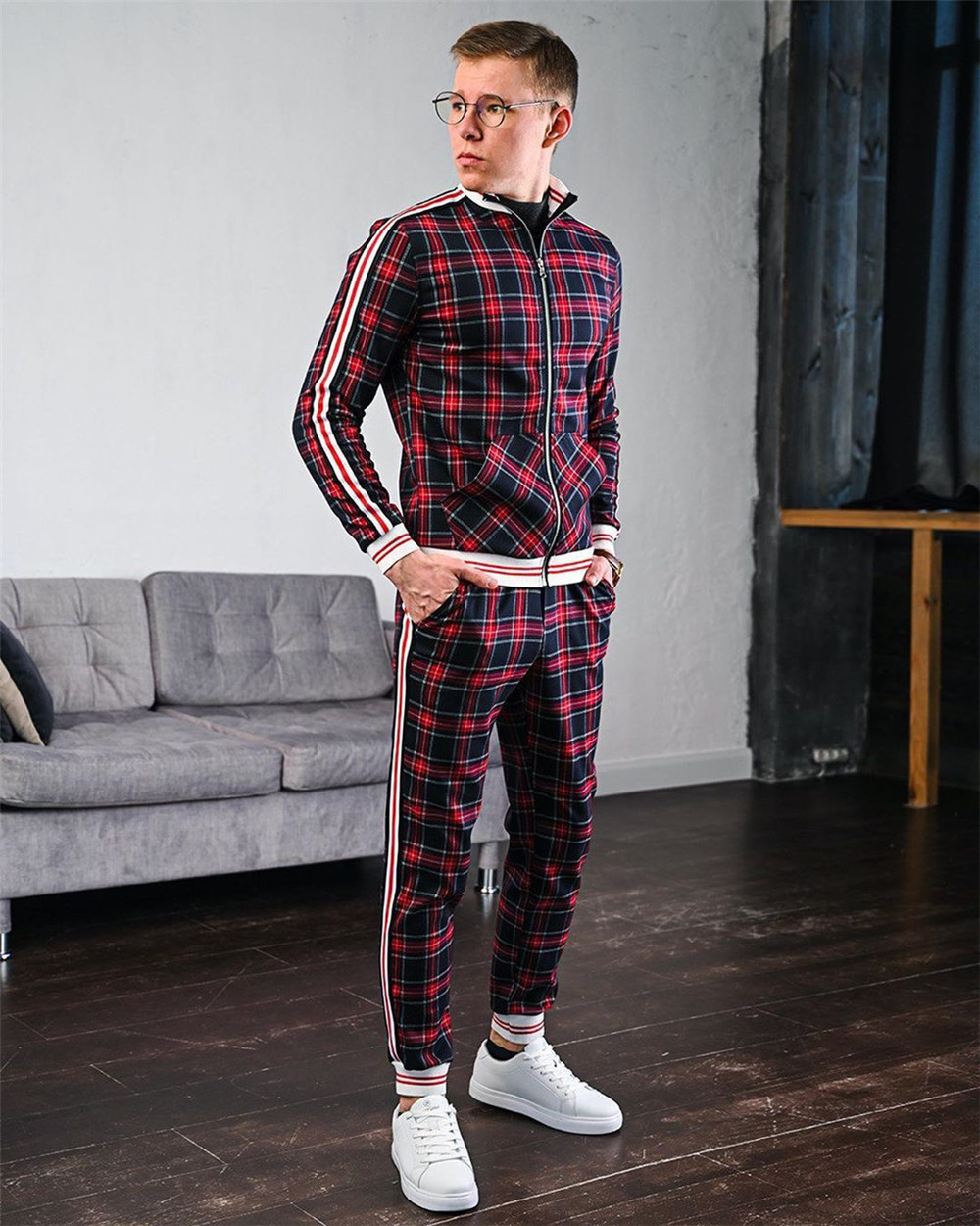 men's tracksuit spring autumn fashion Plaid tracksuit casual two piece set men's sports suit men's clothing men sets 201008