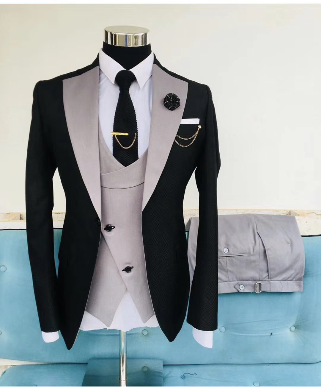 Gold Mens Prom Suits Notched Lapel Slim Fit Wedding Suit For Men Tuxedos Three Pieces Blazers Jacket Vest And Pants