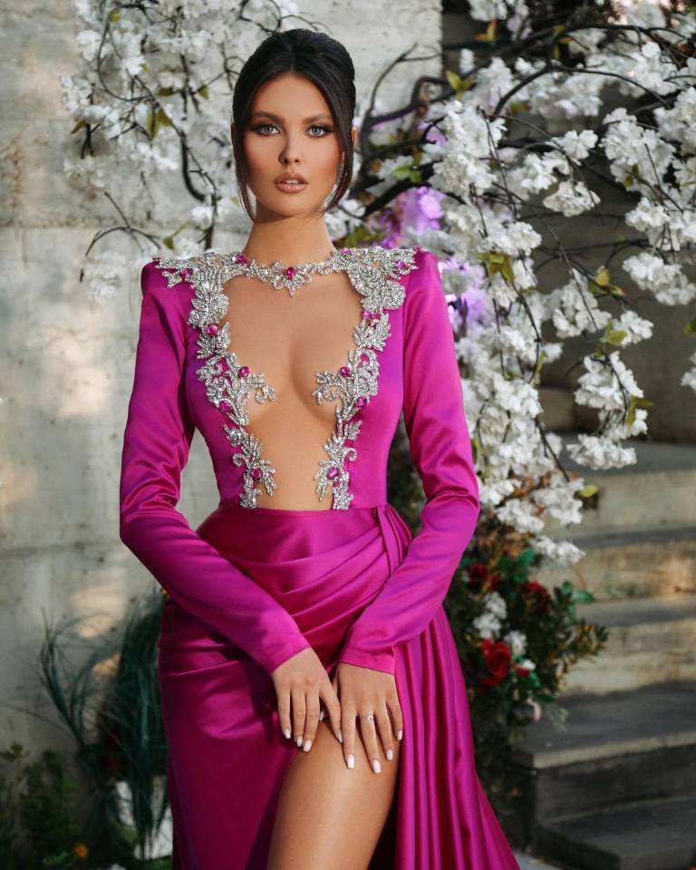 Women Satin Sexy Evening Dresses Long Sleeves O Neck See Through High Split Elegant Prom Gowns Custom Made Plus Size 2024
