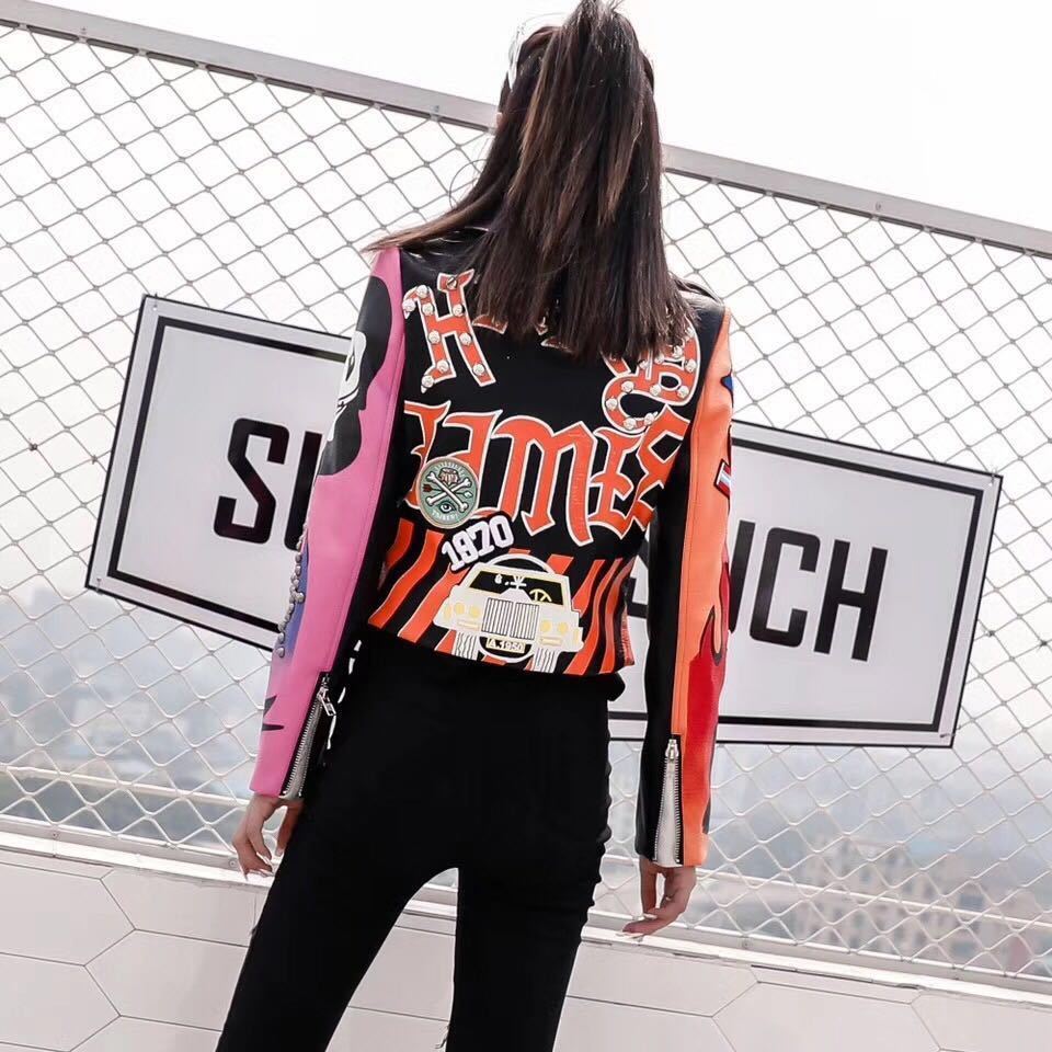 LORDXX Cropped Leather Jackets Women Hip hop Colorful Studded Coat New Spring Ladies Motorcycle Punk Cropped Jacket with belt 201017