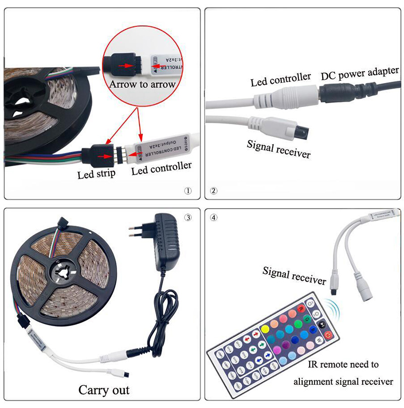 Drop Ship LED Strips 16.4FT 32.8FT 49FT 65FT RGB Strip Light DC12V 5050SMD Led lights with Adapter and 44keys IR Controller