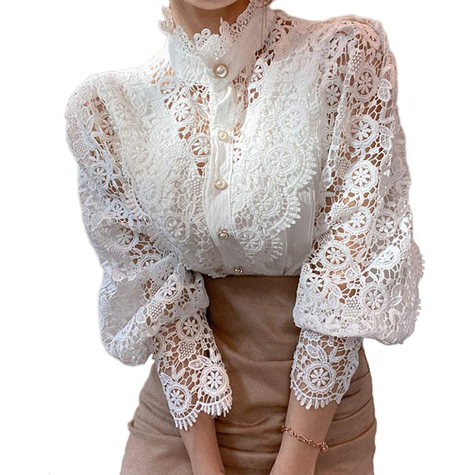 Women Elegant Lace Trim Shirts Hollow Out Loose Casual Victorian Blouses Long Sleeve Button Down Tops
