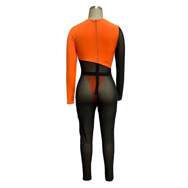 ANJAMANOR Sexy Jumpsuit Women Club Outfits Neon Orange Black Sheer Mesh Block Long Sleeve Bodycon Jumpsuits D37-AE04 T200509