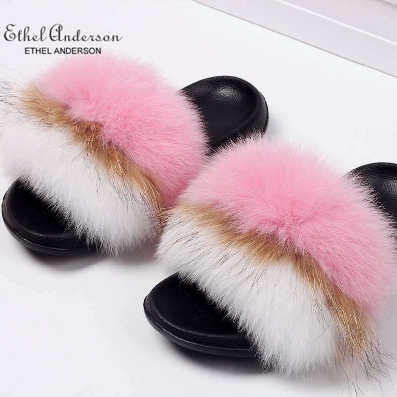 ETHEL ANDERSON Real Fox Raccoon Fur Slippers Slides Lady Retro Summer Flip Flops Casual Fluffy Fur Sandals Plush Shoes LJ200903
