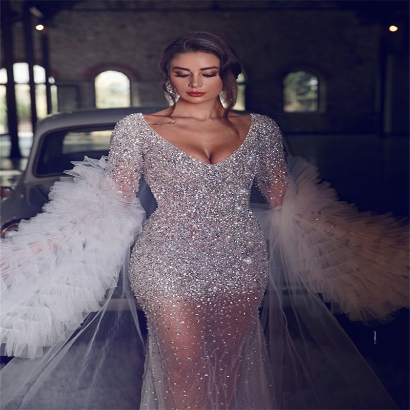 Glitter Prom Dresses Luxury Beads Sequins Mermaid Evening Dresses With Long Wrap Ruffles Tulle Sexy V Neck Sheer Illusion Party Dress