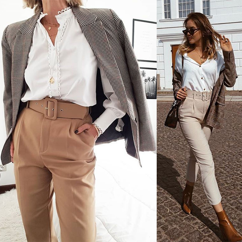 Aachoae Office Lady Black Suit Pants with Belt Women High Waist Solid Long Trousers Fashion Pockets Pants Trousers Pantalones 201113