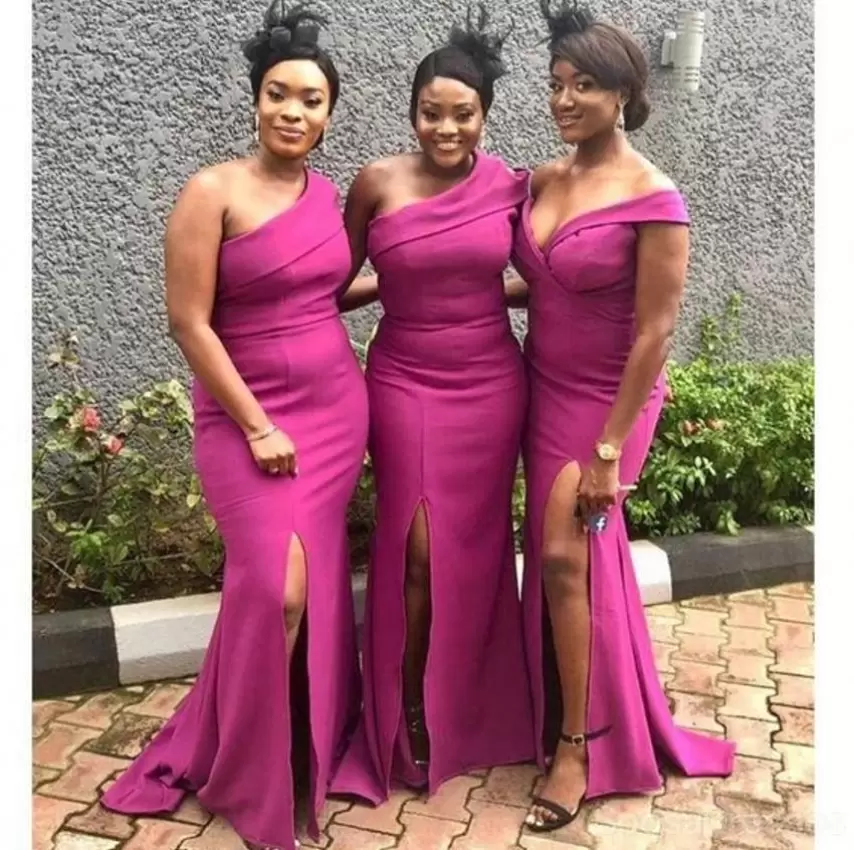 Fuchsia Bridesmaid Dresses Mermaid One Off The Shoulder Satin Floor Length Side Slit African Plus Size Maid Of Honor Gown Country Wedding Vestido