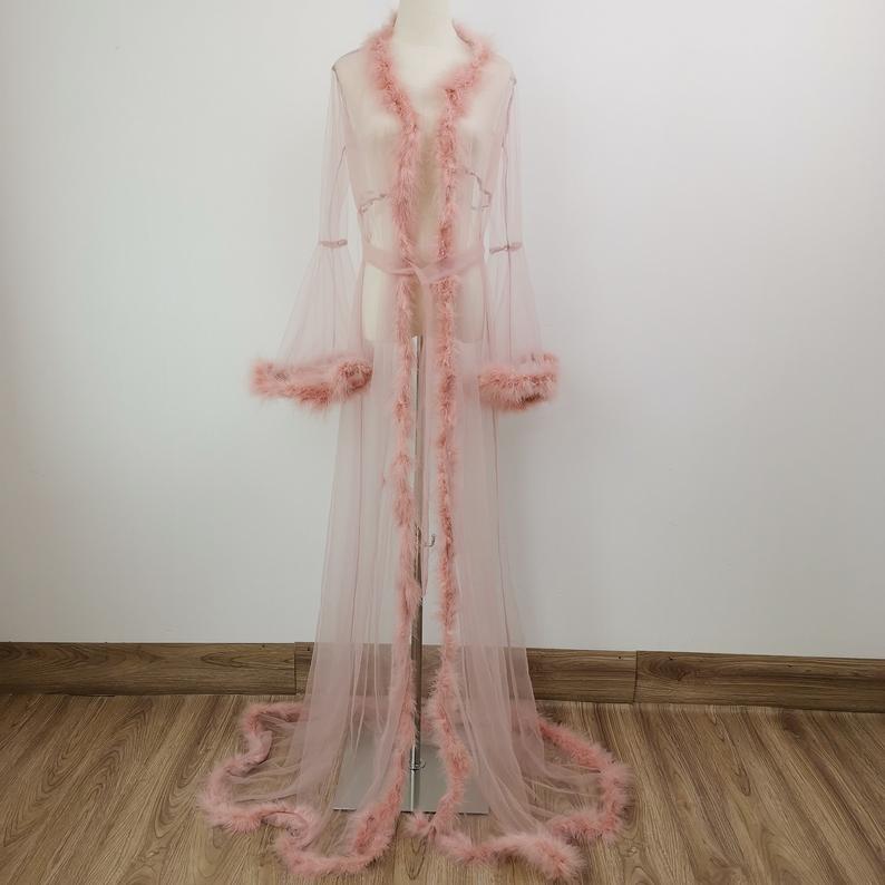 Pink Ruffles Women Winter Luxury Fur Feather Kimono Pregnant Party Sleepwear Full Sleeves Maternity Photoshoot Dress For baby Shower