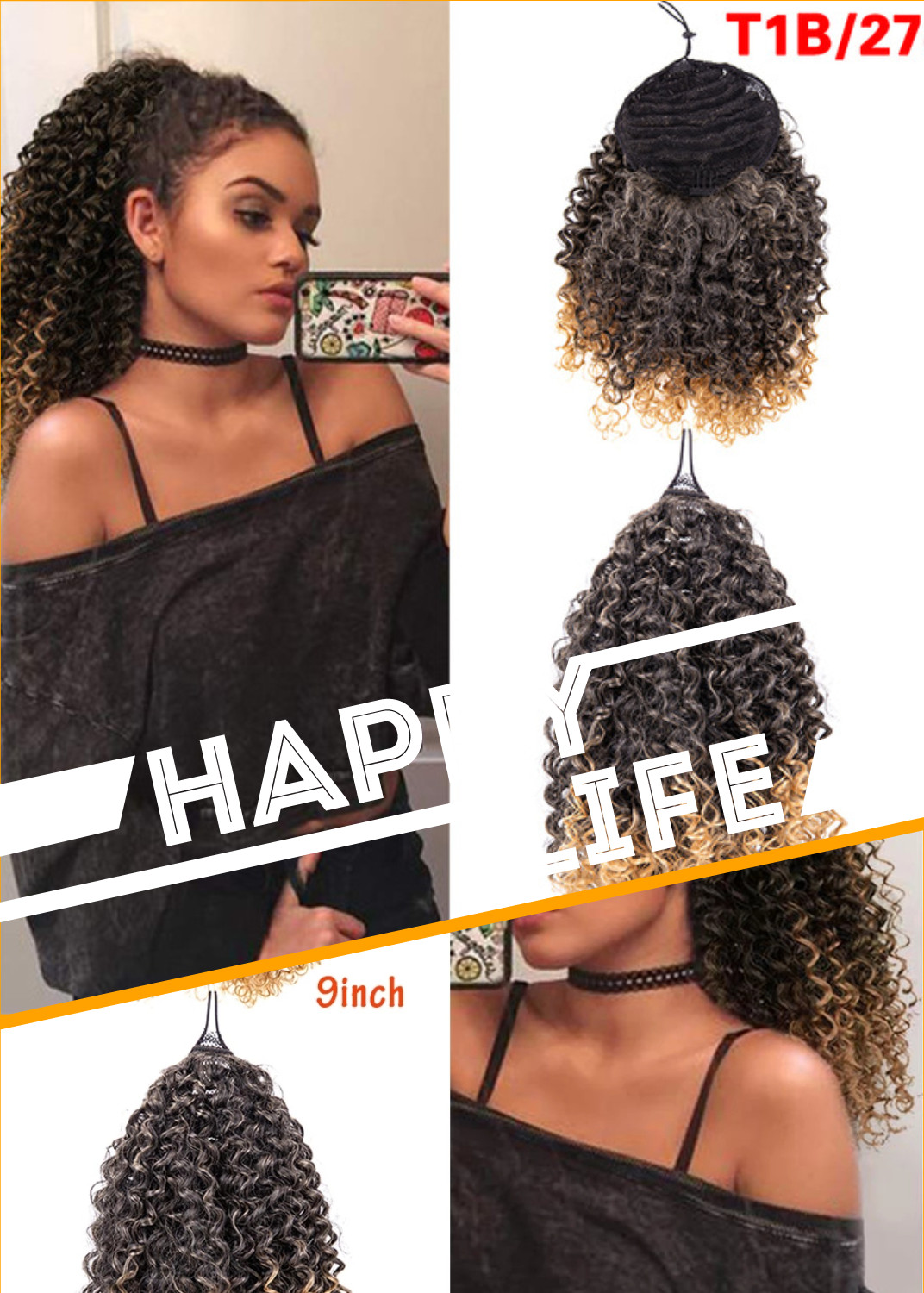 Dark roots ombre blonde Long Afro Kinky Curly Ponytail Extension human Drawstring Corn Wavy Hair Piece For Women ombre 1b/27