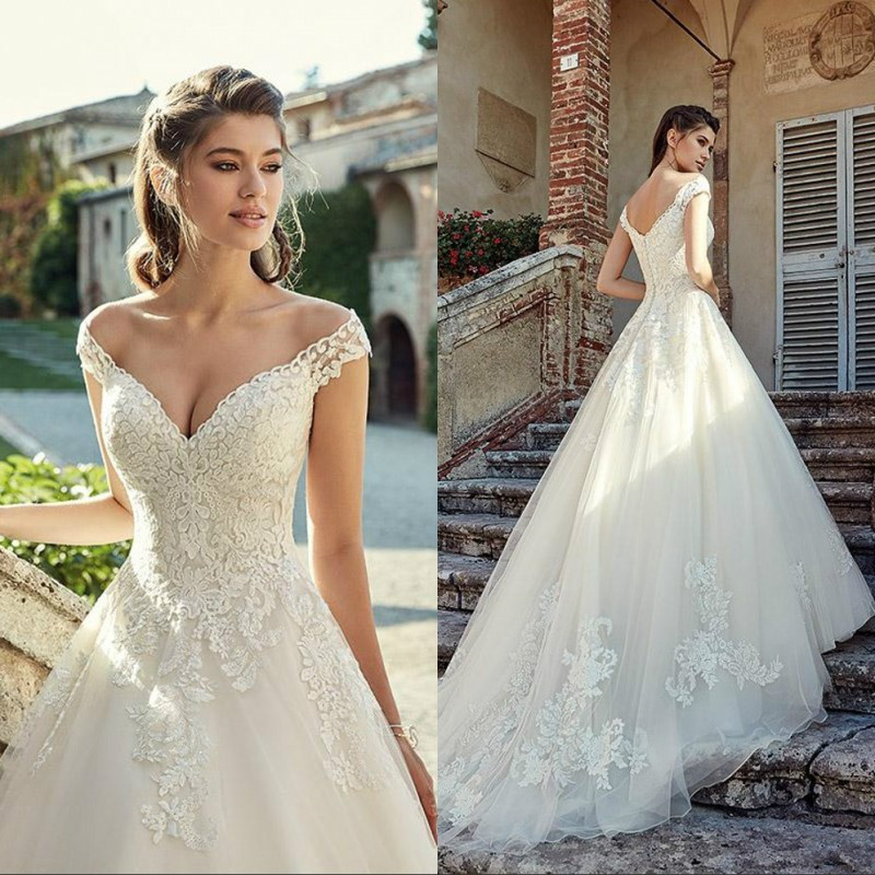 Gorgeous Off Shoulder Lace Wedding Dress 2022 A Line V Neck Appliques Bride Wedding Gowns Open Back Long Sweep Train Bridal Dresses Sleeveless Summer 
